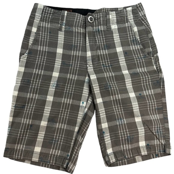 Volcom Boys Cotton Gray and White Plaid Shorts Size 12 With Little Designs - Picture 1 of 10